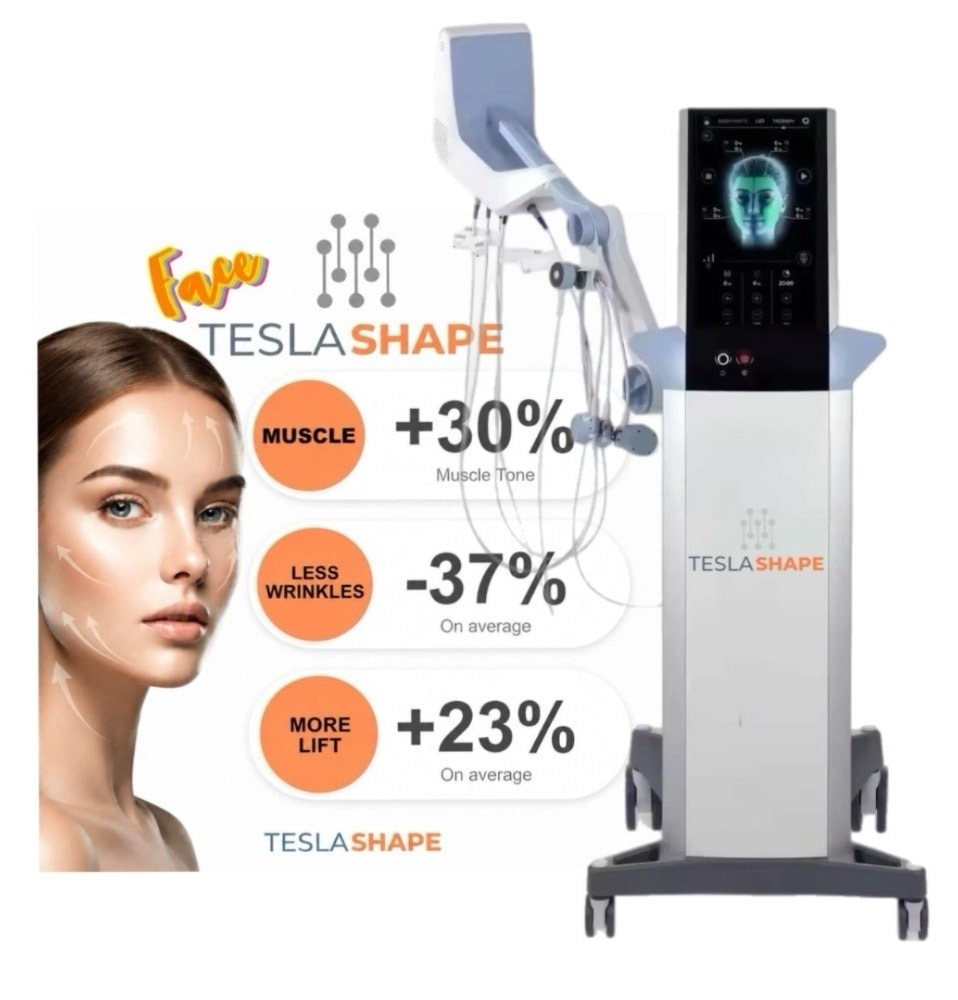 Tesla Face Shape facial EMS machine — +30% muscle tone, -37% wrinkles, +23% lift